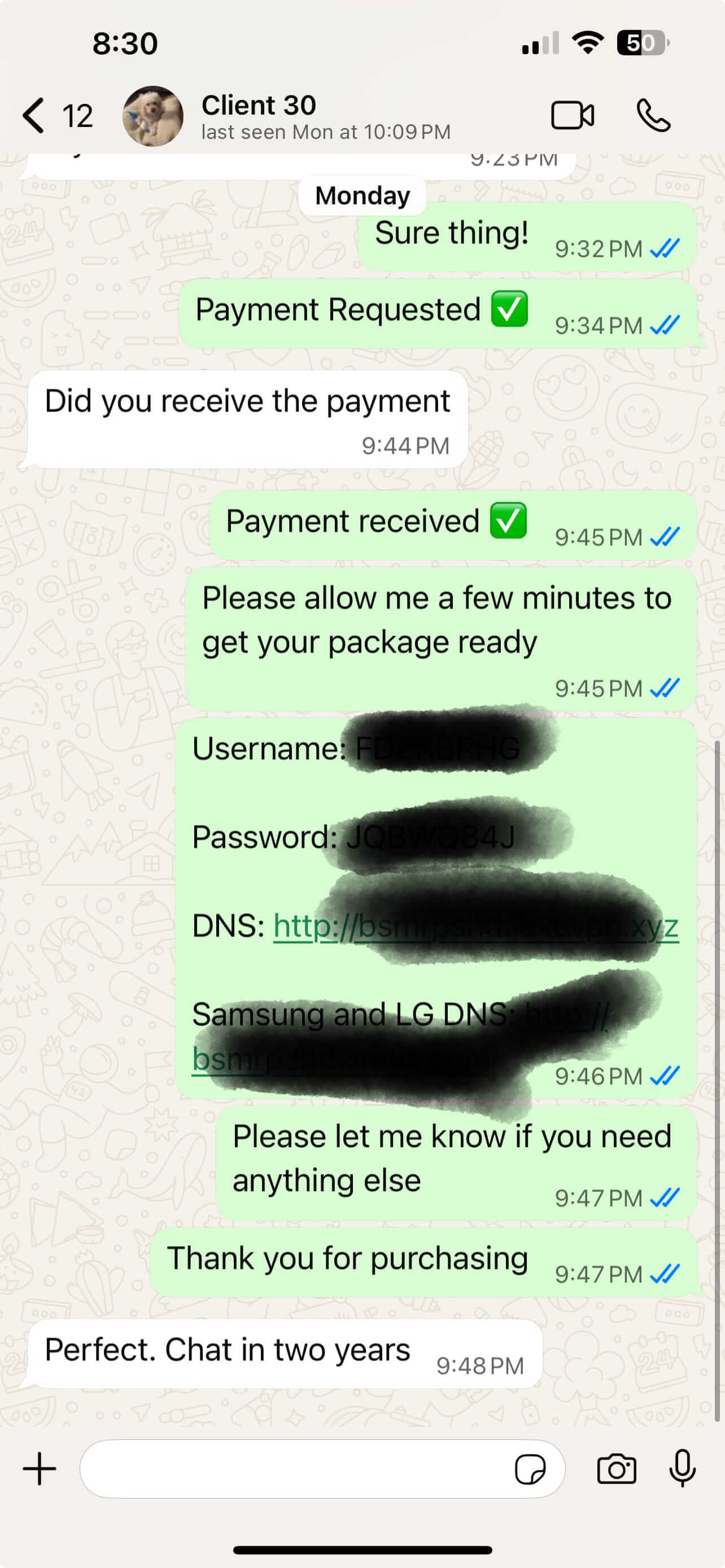 WhatsApp customer testimonial